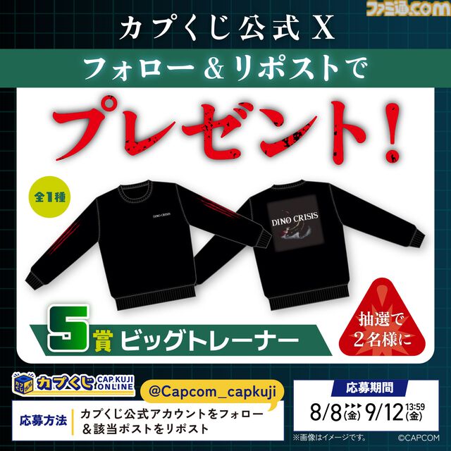 『ディノクライシス』止血剤と回復剤デザインのポーチ、歴代パッケージのトレーナーなどが当たる。カプコンオンラインくじが発売