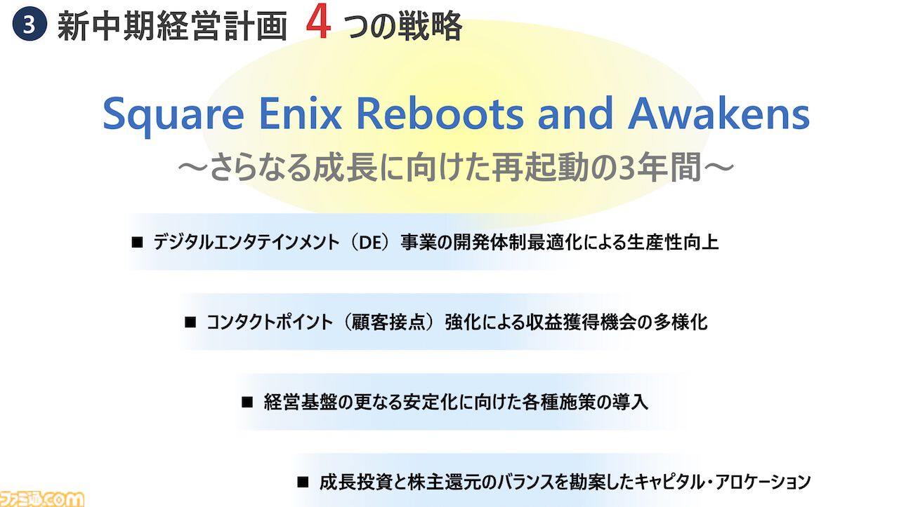 【スクエニ】“再起動の3年間”へ向けた新中期経営計画を発表。前中期経営の反省点を上げつつ、新たな新中期経営計画を公開