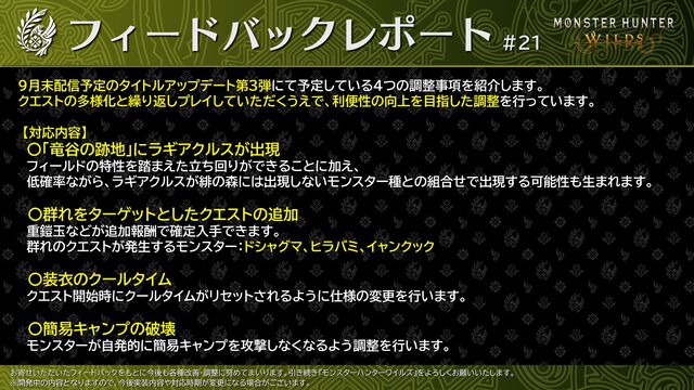 『モンハンワイルズ』装衣はクエスト開始時にクールタイムがリセットされる仕様に。群れのクエストでは“重鎧玉”が確定で入手可能。タイトルアプデ第3弾の調整項目が公開