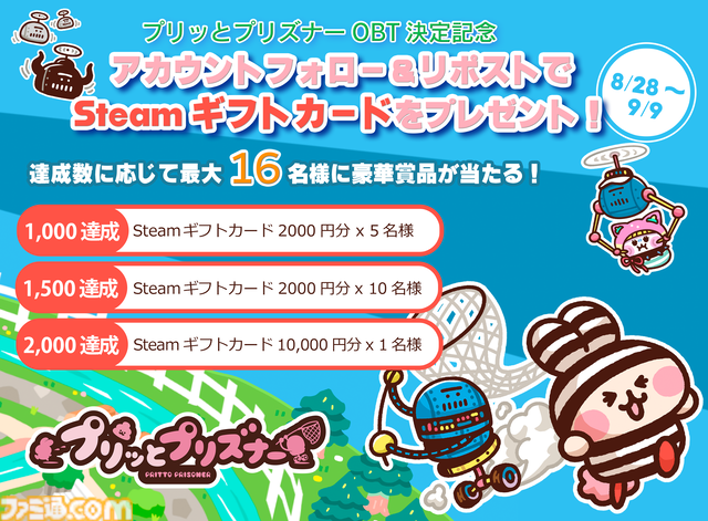 『プリッとプリズナー』Steam版のオープンベータテストが8月28日より開催決定。カナヘイがキャラデザを手掛ける対戦パーティーアクション