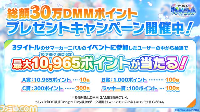 最大10965DMMポイントがもらえる。『神姫PROJECT』『あやかしランブル！』『れじぇくろ！』にて合同コラボイベントが開催