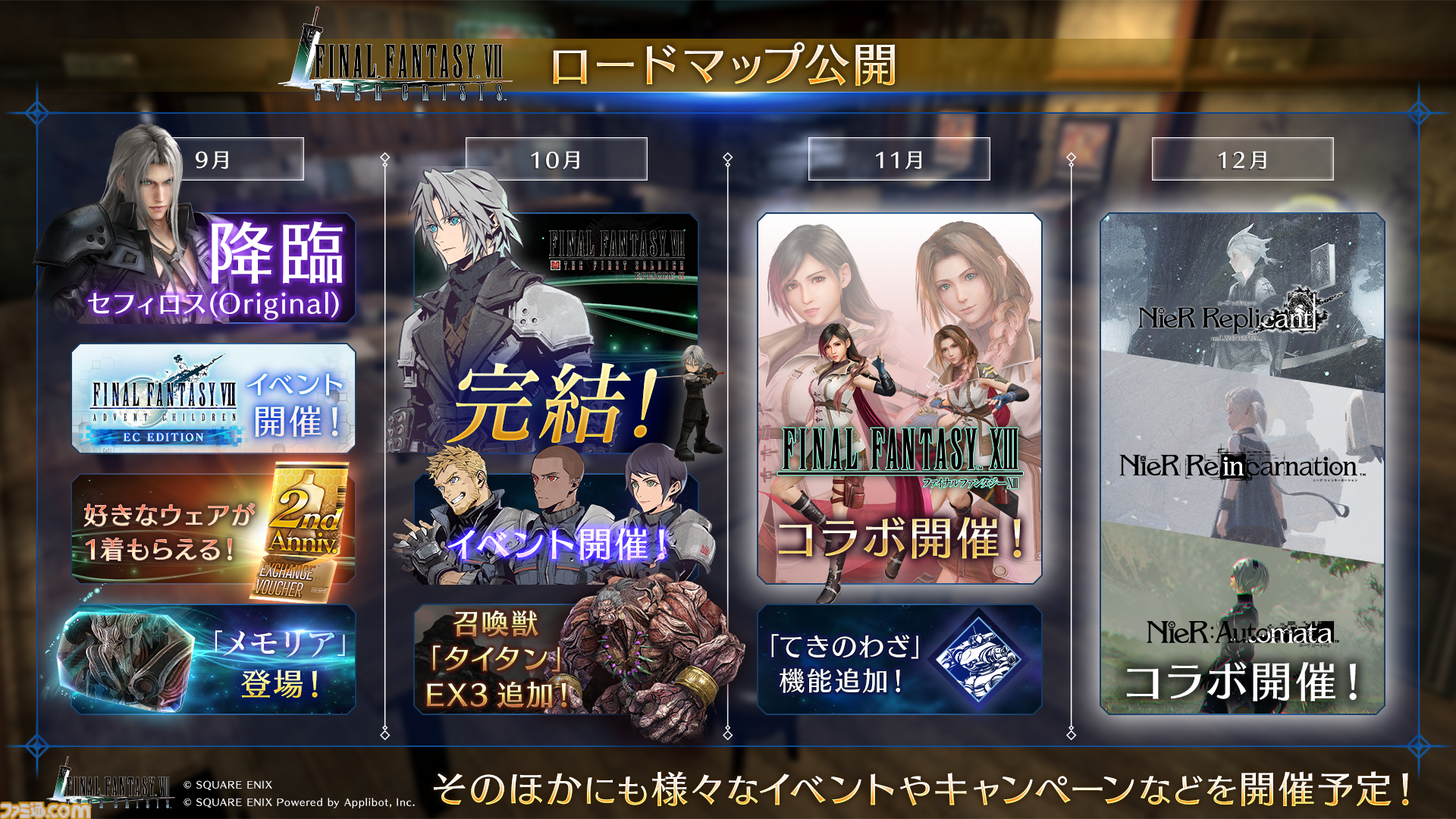 『FF7 エバークライシス』2周年記念生放送まとめ。『FF13』シリーズコラボが決定、ティファとエアリス2人にライトニングのウェアが実装。『ニーア』コラボは12月に開催