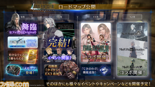 『FF7 エバークライシス』2周年記念生放送まとめ。『FF13』シリーズコラボが決定、ティファとエアリス2人にライトニングのウェアが実装。『ニーア』コラボは12月に開催