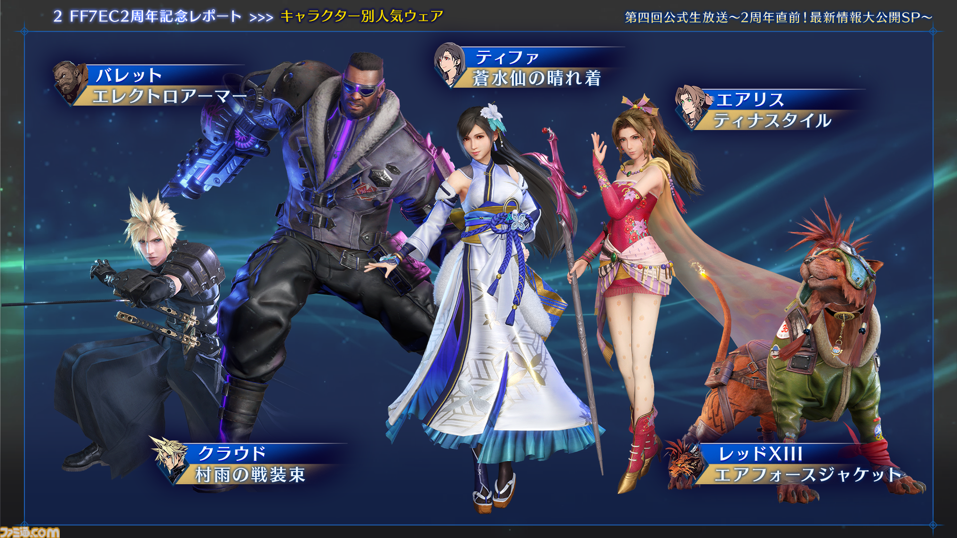 『FF7 エバークライシス』2周年記念生放送まとめ。『FF13』シリーズコラボが決定、ティファとエアリス2人にライトニングのウェアが実装。『ニーア』コラボは12月に開催