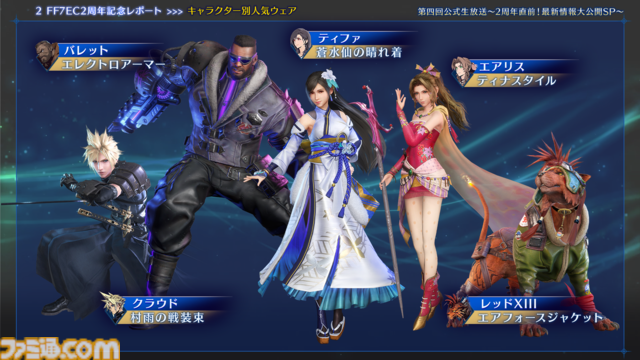 『FF7 エバークライシス』2周年記念生放送まとめ。『FF13』シリーズコラボが決定、ティファとエアリス2人にライトニングのウェアが実装。『ニーア』コラボは12月に開催
