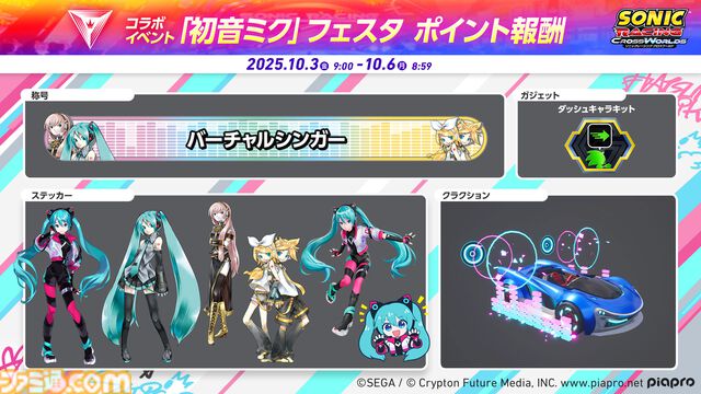 『ソニックレーシング クロスワールド』 初音ミクコラボイベントが開催。ポイントをためて限定称号やミク、リン&レンたちのステッカーが手に入る