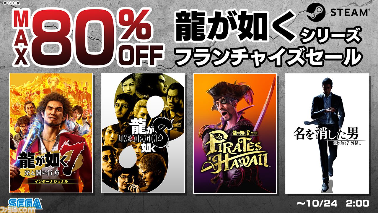 龍が如く8』70%オフ、『龍が如く8外伝』45%オフ、人気2タイトルが過去