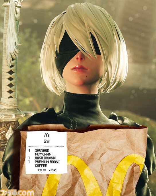 海外マクドナルドXで『ニーア』2B、『スタレ』長夜月など「もし、ゲームキャラクターが朝マックを注文したら？」な画像を投稿。注文票には設定に関する小ネタも