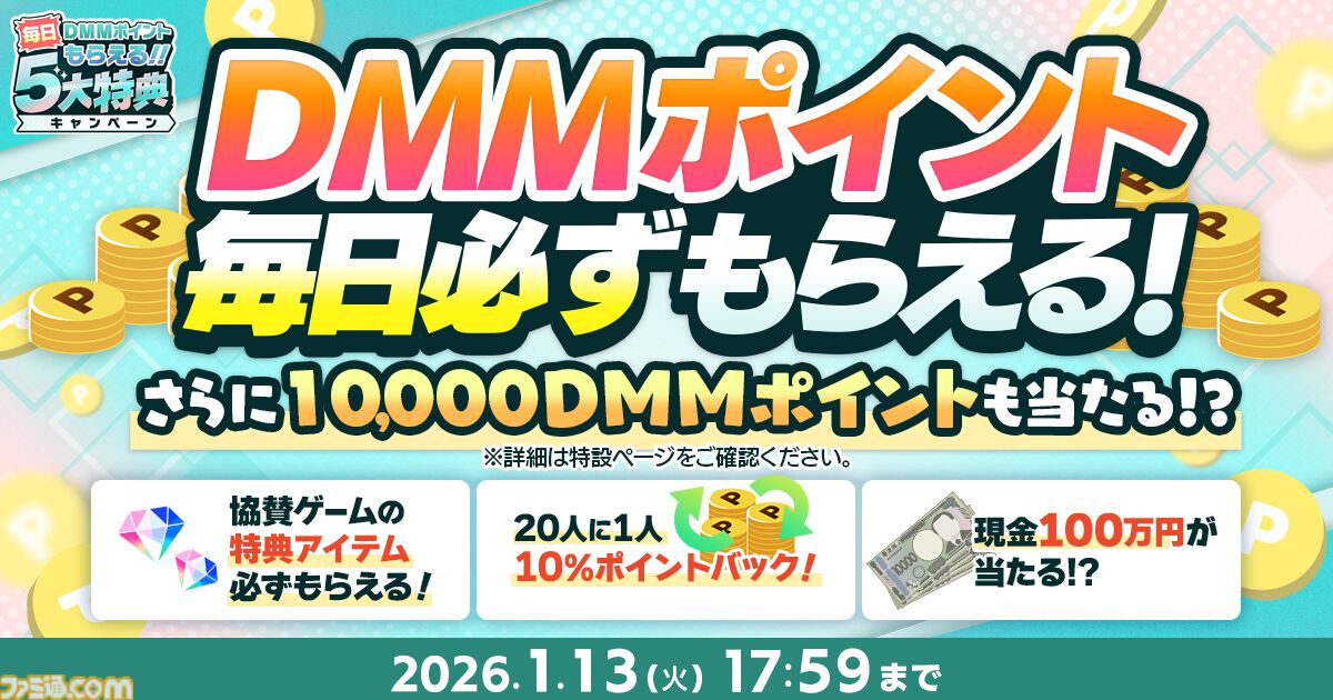 ゲームを遊んで現金100万円、最大1万DMMポイントを当てよう。特典