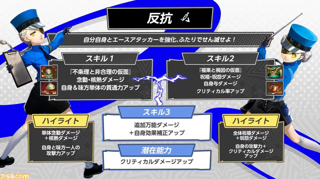 『ペルソナ5X』ジュスカロ発表まとめ。ジュスティーヌ＆カロリーヌはロール6種とスキル4種を使い分け、8属性に対応可能な超万能タイプ。ハイライトの種類も豊富。そしてかわいい。