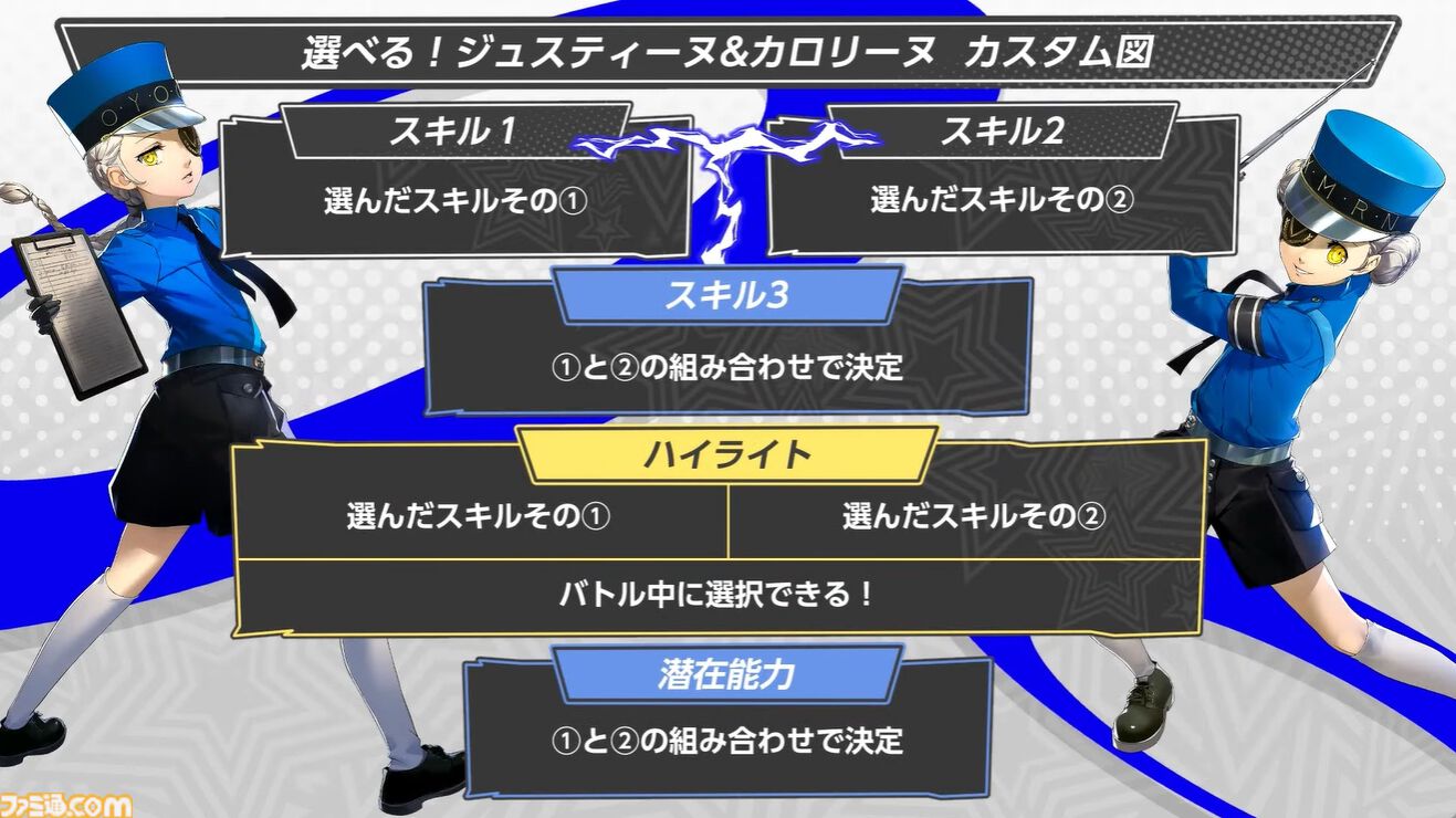 『ペルソナ5X』ジュスカロ発表まとめ。ジュスティーヌ＆カロリーヌはロール6種とスキル4種を使い分け、8属性に対応可能な超万能タイプ。ハイライトの種類も豊富。そしてかわいい。