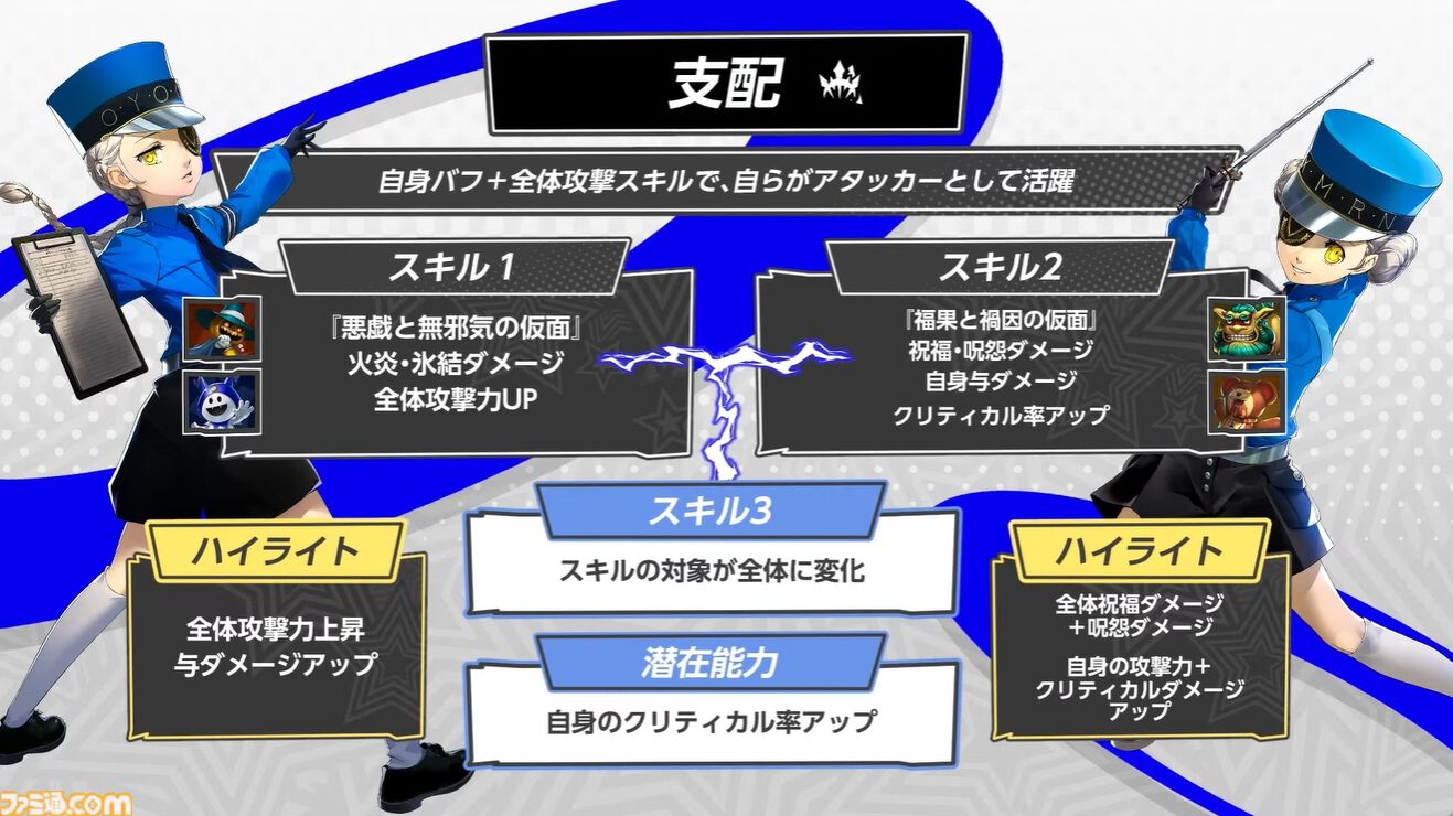 『ペルソナ5X』ジュスカロ発表まとめ。ジュスティーヌ＆カロリーヌはロール6種とスキル4種を使い分け、8属性に対応可能な超万能タイプ。ハイライトの種類も豊富。そしてかわいい。