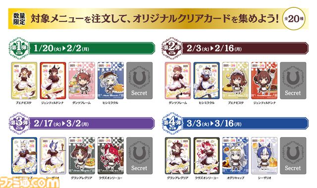 『ウマ娘』とココスのコラボが1月20日より開催。やる気UPスイーツやにんじんハンバーグなどコラボメニューが登場、オリジナルクリアカードがもらえる