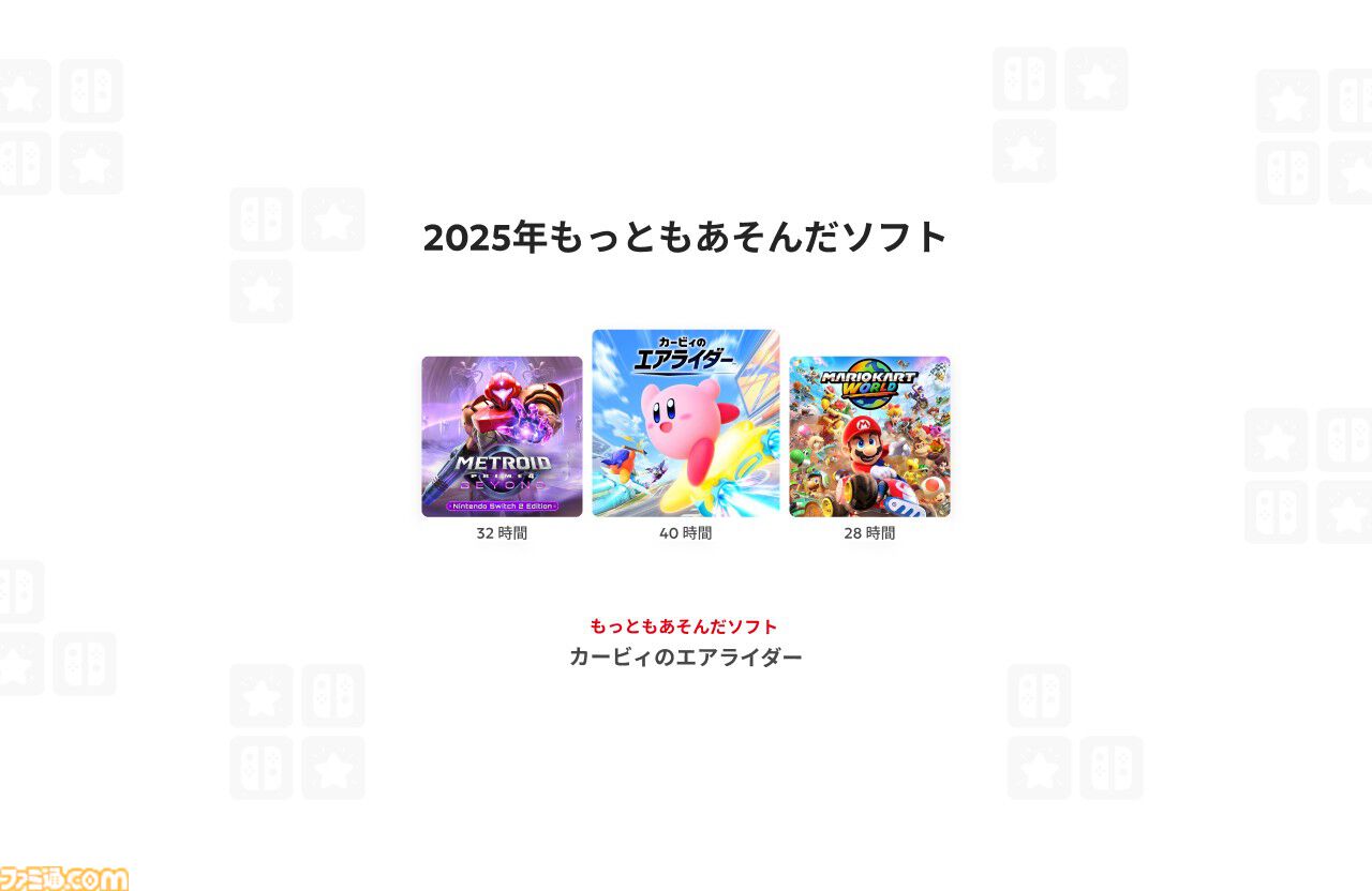 “Nintendo Switch 2025年の振り返り”特設サイトが公開。もっとも遊んだソフトTOP3や、好きなソフトのジャンル傾向をチェックできる