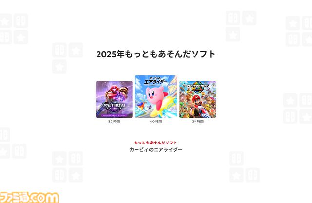 “Nintendo Switch 2025年の振り返り”特設サイトが公開。もっとも遊んだソフトTOP3や、好きなソフトのジャンル傾向をチェックできる