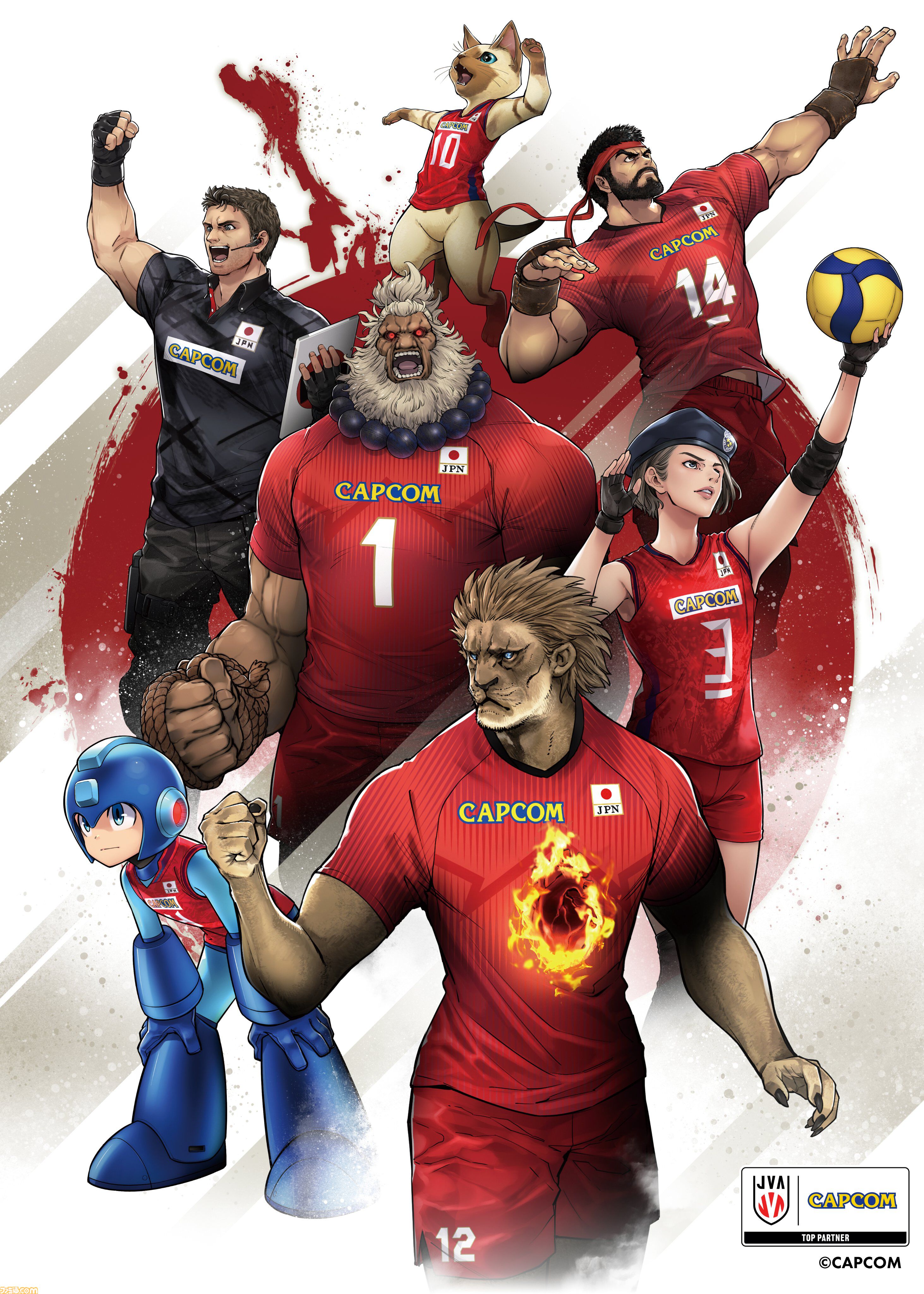 カプコン×バレーボールのコラボイラスト2024Ver.公開。『スト6』豪鬼やロックマン、『バイオ』ジル&クリス、『モンハン』アイルーたち人気キャラがユニフォーム姿で登場