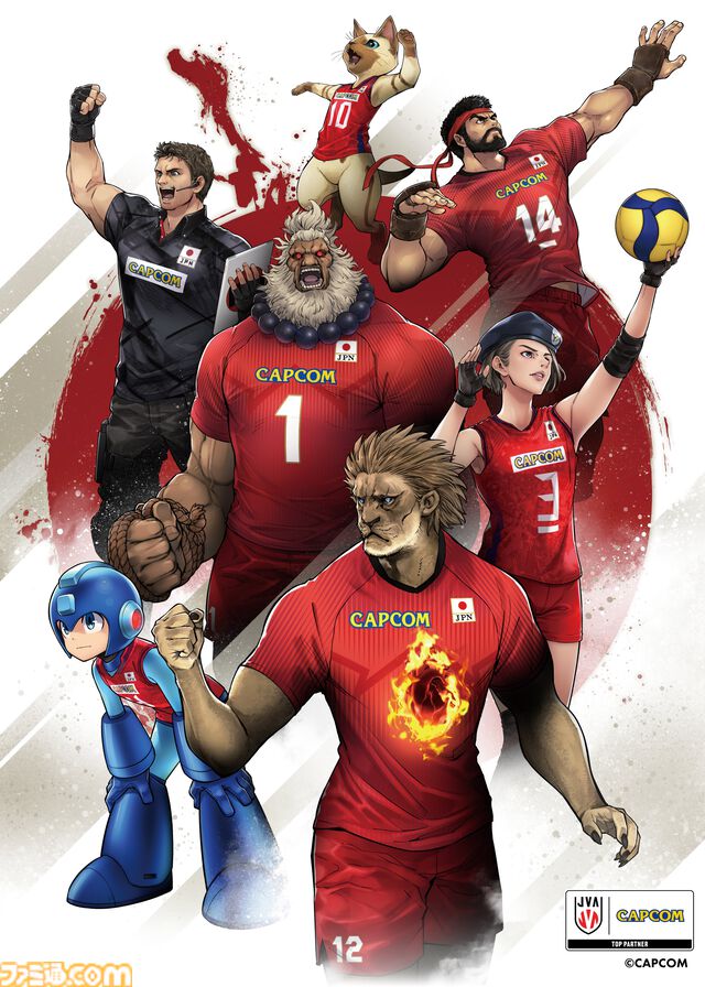 カプコン×バレーボールのコラボイラスト2024Ver.公開。『スト6』豪鬼やロックマン、『バイオ』ジル&クリス、『モンハン』アイルーたち人気キャラがユニフォーム姿で登場