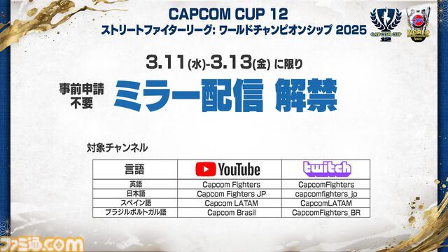 カプコンカップ12、SFLワールドチャンピオンシップ 2025のライブ視聴チケットが価格改定。2DAYSセットは1500円、1DAYチケットは900円に