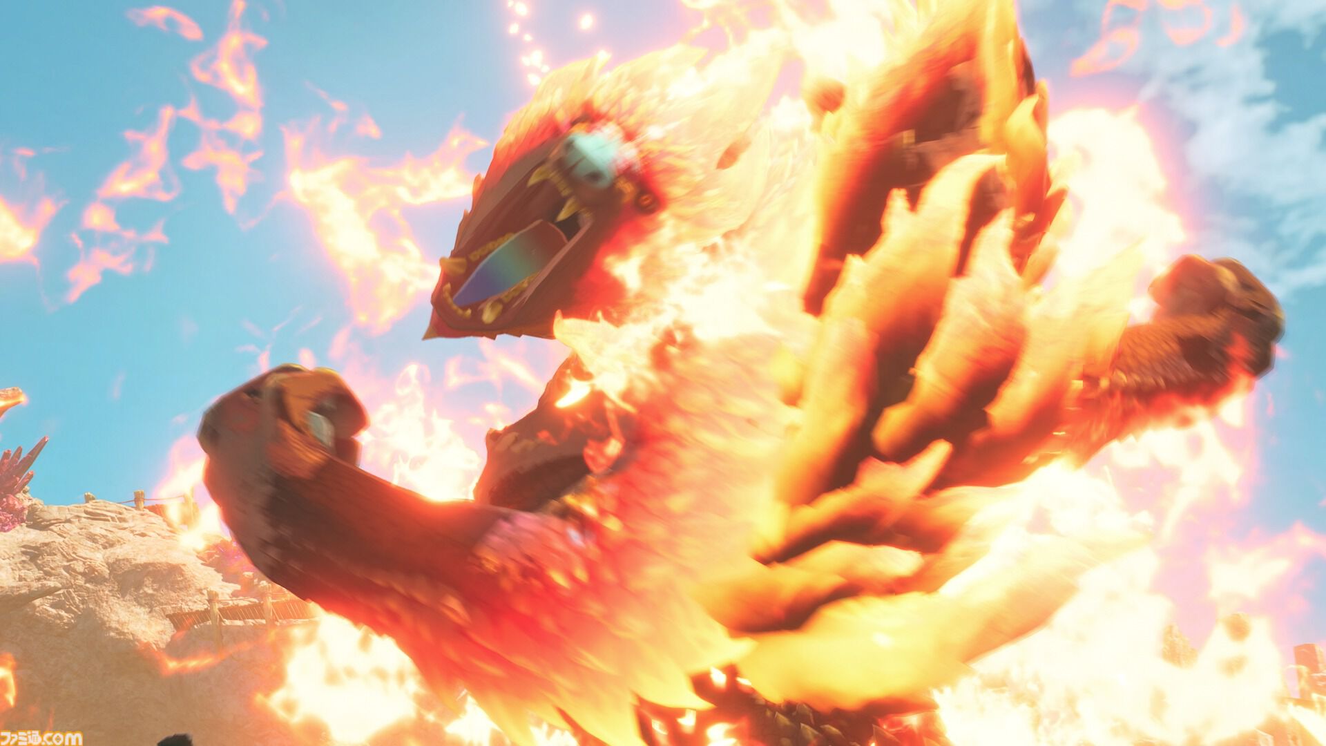 『モンハンストーリーズ3』ラオシャンロンが石化した状態で登場、フィールドの一部に。イブシマキヒコ、ナルハタタヒメの姿も。【モンハンフェスタ'26】