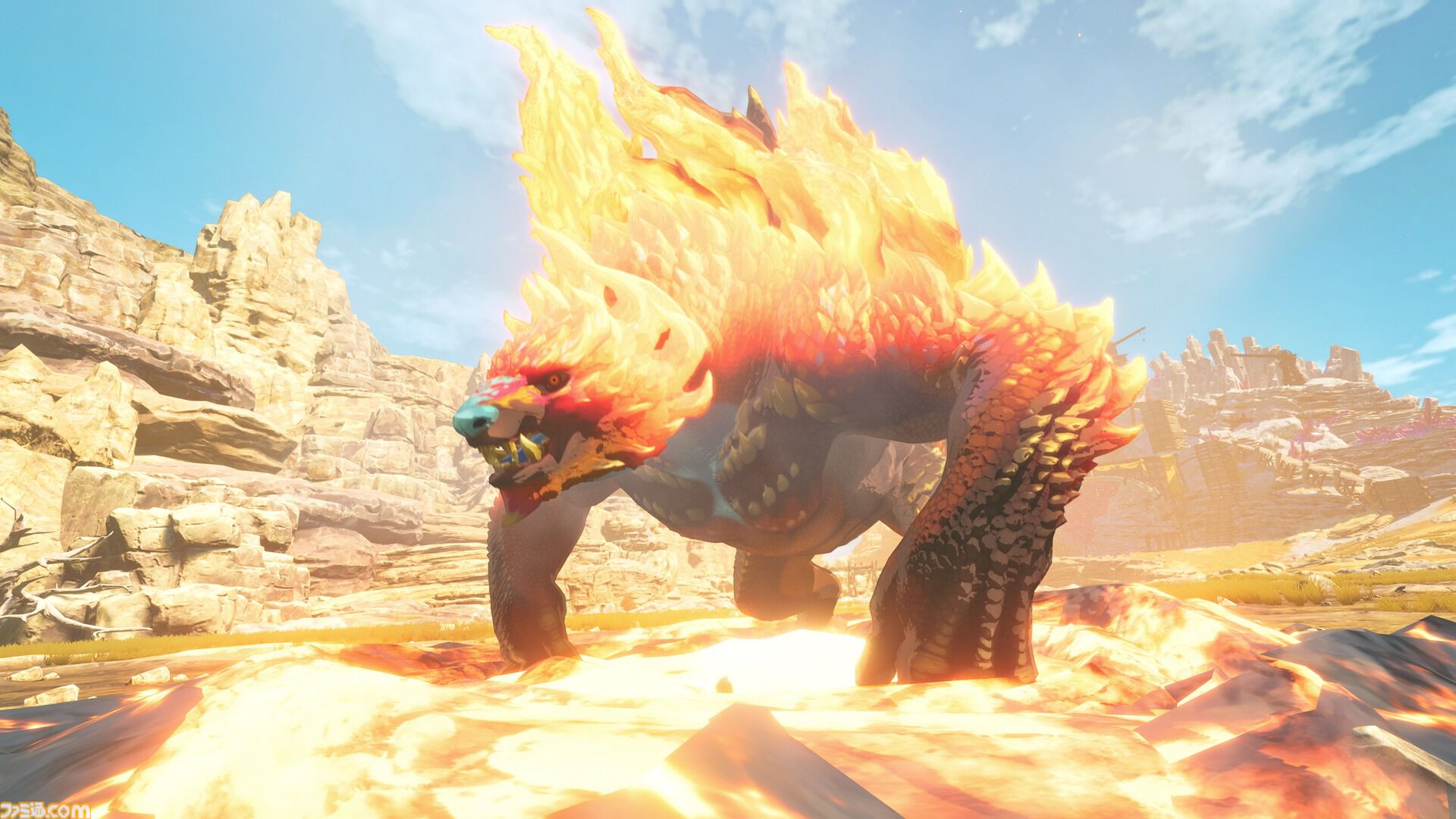 『モンハンストーリーズ3』ラオシャンロンが石化した状態で登場、フィールドの一部に。イブシマキヒコ、ナルハタタヒメの姿も。【モンハンフェスタ'26】