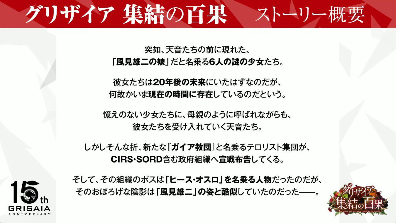 『グリザイア』15周年記念作品『グリザイア 集結の百果』2026年夏に配信決定。風見雄二の娘を名乗る6人の少女が登場、ヒース・オスロと名乗る雄二と酷似したテロリスト集団のボスも