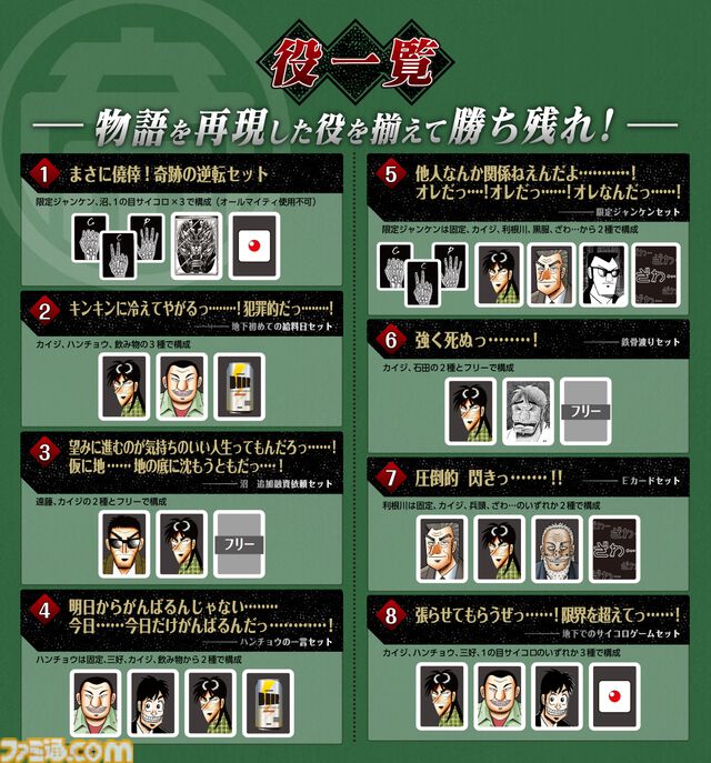 『カイジ』とドンジャラが悪魔的コラボ。「ざわ…ざわ…ざわ…セット」など物語を再現した役を用意。“17歩”をイメージした遊びかたも楽しめる