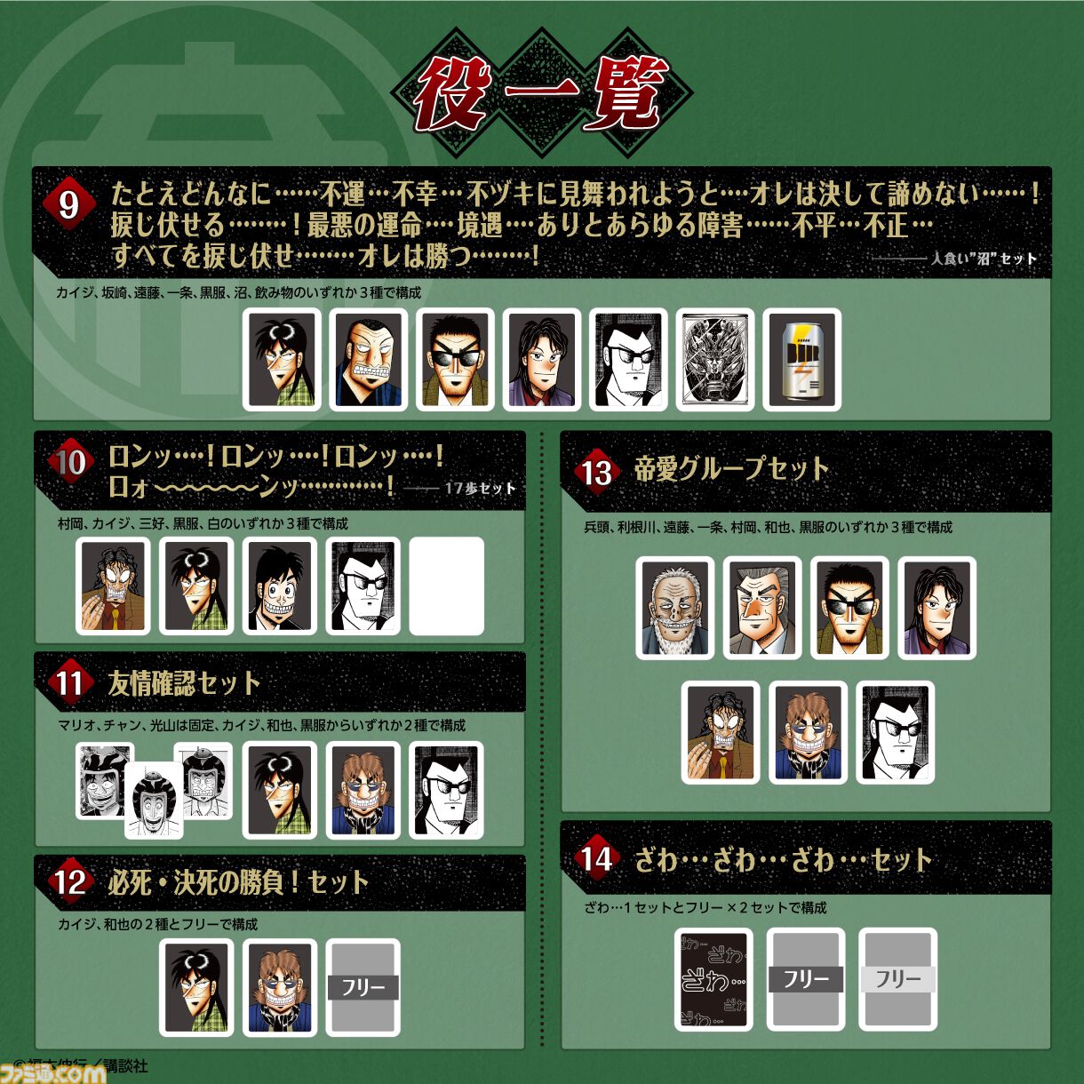 『カイジ』とドンジャラが悪魔的コラボ。「ざわ…ざわ…ざわ…セット」など物語を再現した役を用意。“17歩”をイメージした遊びかたも楽しめる