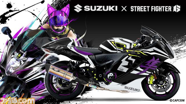 『スト6』ジュリの2Pカラーをイメージしたコラボバイク第2弾“Hayabusa”がCAPCOM CUP 12にて展示決定。バイクに跨って記念撮影を行うと記念ポストカードもプレゼント