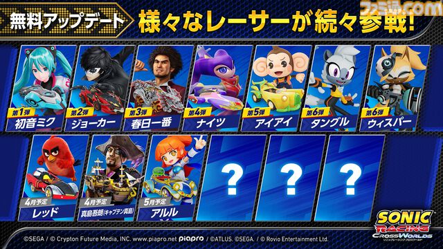 『ソニックレーシング クロスワールド』アルル、キャプテン真島、レッドが参戦。4月以降の無料アップデートでコラボレーサーと専用マシンが追加に