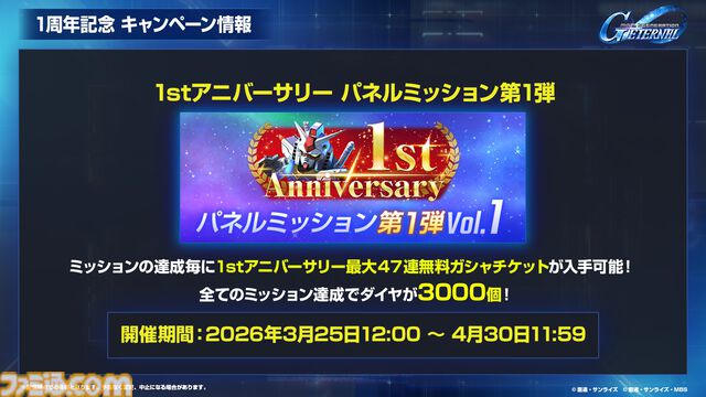 【ジージェネエターナル】URユニット確定10連ガシャ開催、何度でも引き直し可能。1周年記念パネルミッションほかで最大47連無料ガシャチケット配布