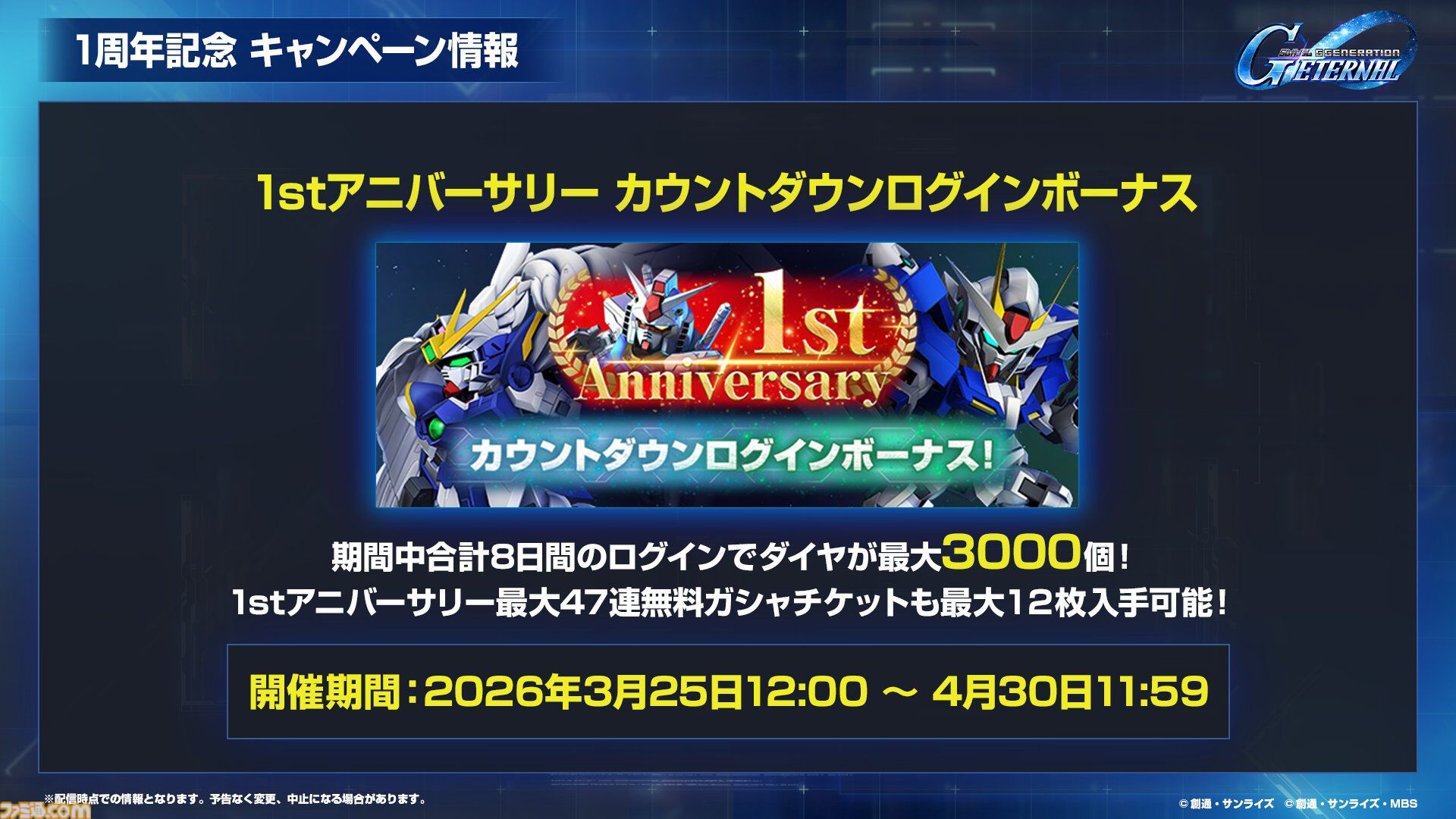 【ジージェネエターナル】URユニット確定10連ガシャ開催、何度でも引き直し可能。1周年記念パネルミッションほかで最大47連無料ガシャチケット配布