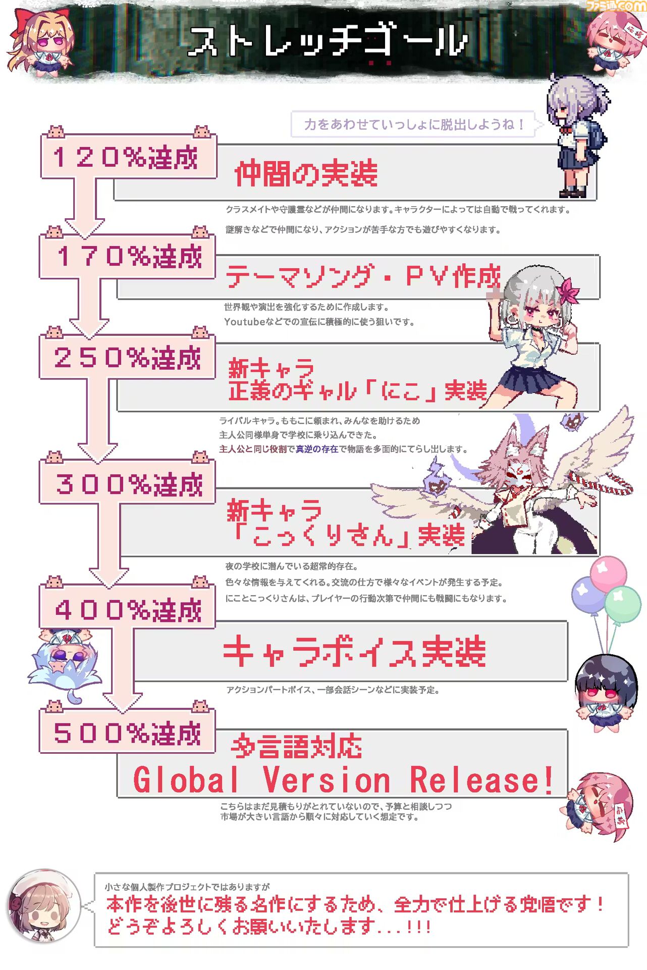 『おばけなんて怖くないJK VS 学校迷宮』怖くないホラーADVがクラファンで目標達成。ストレッチゴールとしてテーマソングや新キャラなどを発表