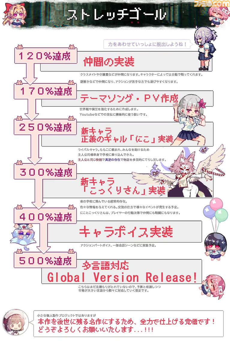 『おばけなんて怖くないJK VS 学校迷宮』怖くないホラーADVがクラファンで目標達成。ストレッチゴールとしてテーマソングや新キャラなどを発表