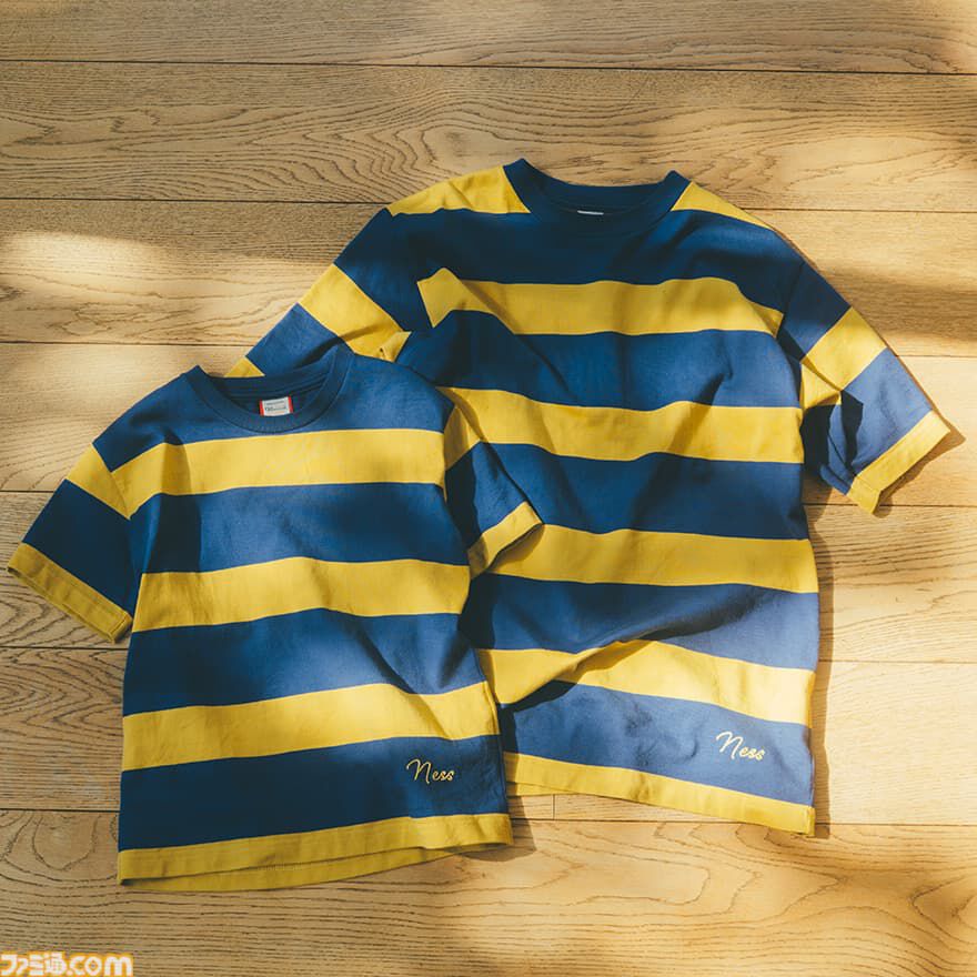 WAREHOUSE mother ボーダー Tシャツ ネス ネイビー×イエロー MOTHER』ネス、リュカ、クラウスが着ていたボーダーTシャツが商品化。4
