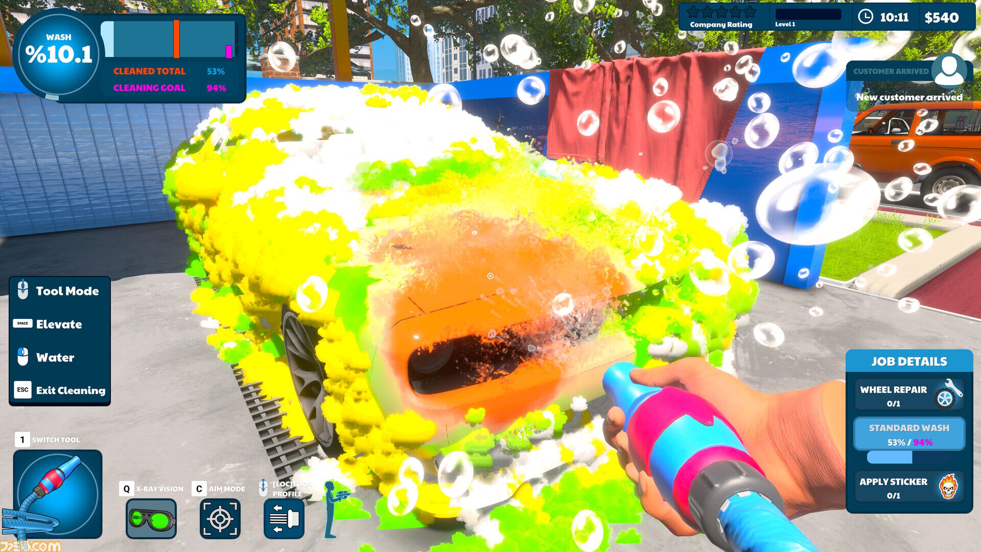『Express Car Wash Simulator』高圧洗浄機で汚れを落とす洗車シミュレーター。濃密な泡とカラフルな洗剤でピカピカに仕上げる爽快感
