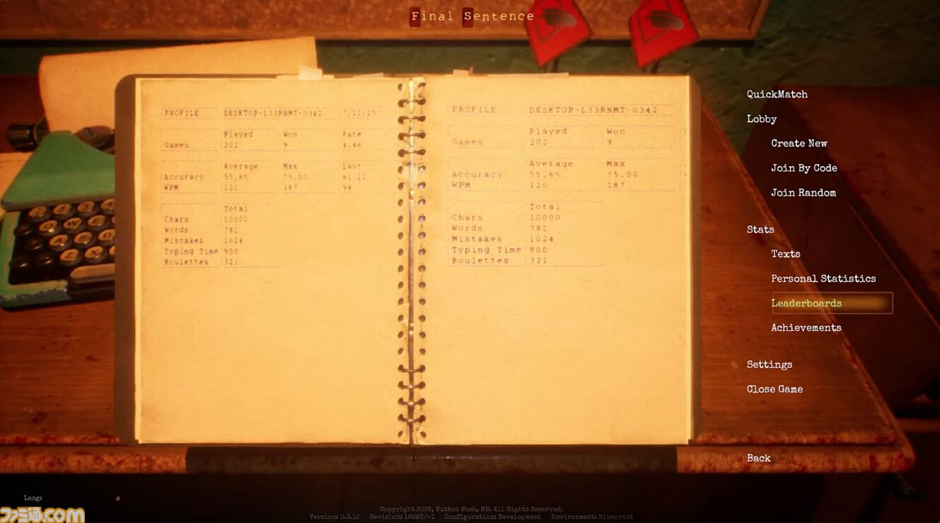 『Final Sentence』タイプミス＝ロシアンルーレットのデスタイピングゲームがSteamにて配信開始。40人のバトロワ、タイマンなど多彩なモード収録
