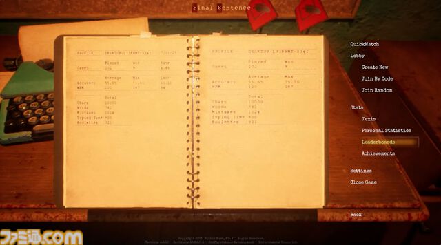 『Final Sentence』タイプミス＝ロシアンルーレットのデスタイピングゲームがSteamにて配信開始。40人のバトロワ、タイマンなど多彩なモード収録