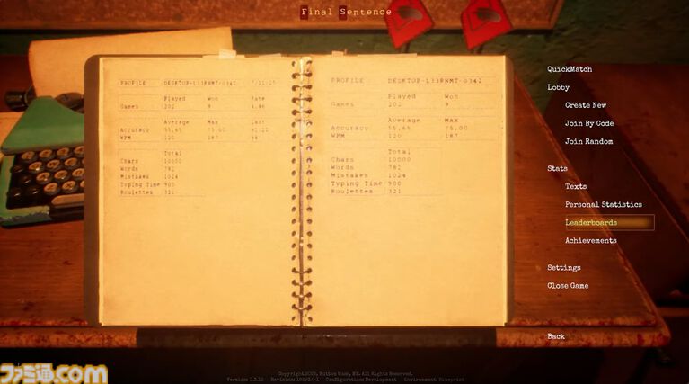 『Final Sentence』タイプミス＝ロシアンルーレットのデスタイピングゲームがSteamにて配信開始。40人のバトロワ、タイマンなど多彩なモード収録