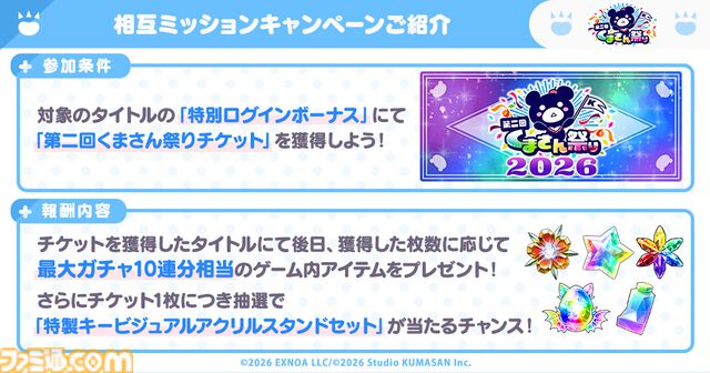 『ガークリ』『クルスタ』『ミストレ』『花騎士』『モンスター娘TD』の5タイトルが共演する“第二回くまさん祭り”が開催。4大キャンペーンで豪華報酬や限定特典をゲット