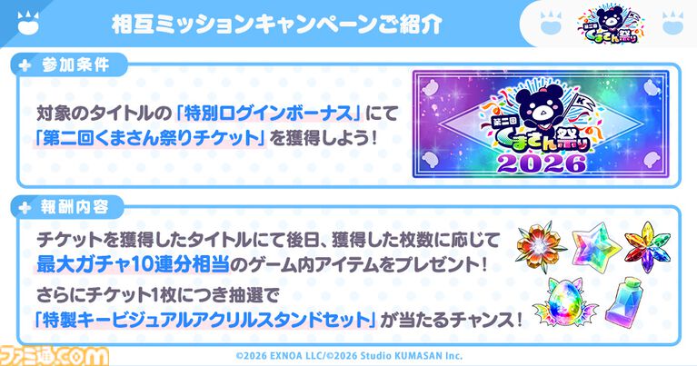 『ガークリ』『クルスタ』『ミストレ』『花騎士』『モンスター娘TD』の5タイトルが共演する“第二回くまさん祭り”が開催。4大キャンペーンで豪華報酬や限定特典をゲット