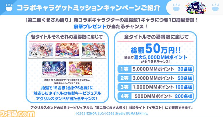 『ガークリ』『クルスタ』『ミストレ』『花騎士』『モンスター娘TD』の5タイトルが共演する“第二回くまさん祭り”が開催。4大キャンペーンで豪華報酬や限定特典をゲット