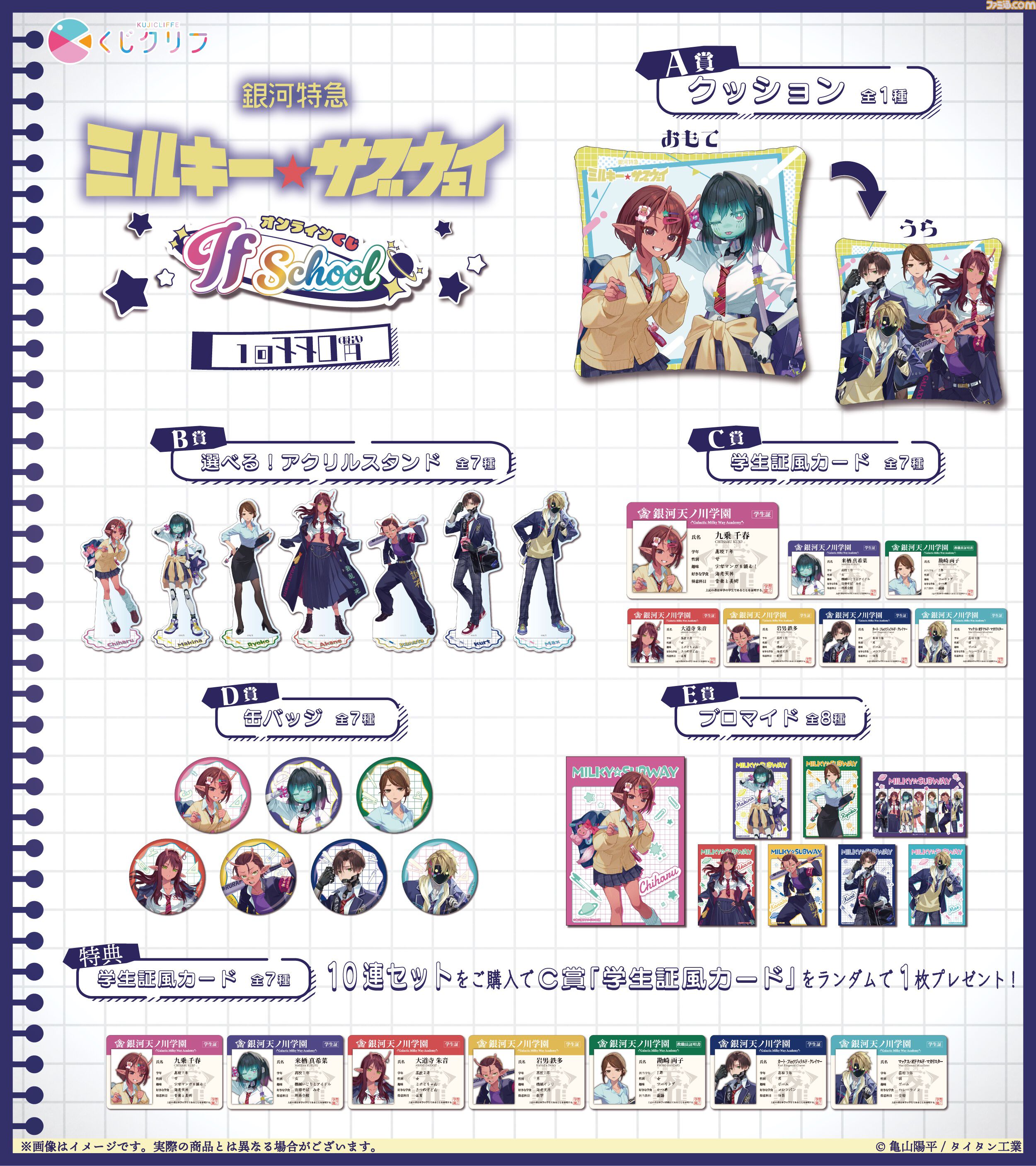 『銀河特急 ミルキー☆サブウェイ』学校をテーマにしたオンラインくじが4月20日発売。描き起こしイラストの学生証風カードなどがラインアップ