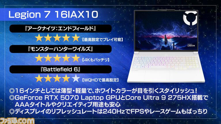 Legion 7 iレビュー。『アークナイツ：エンドフィールド』『BF6』がバッチリな白ゲーミングノート