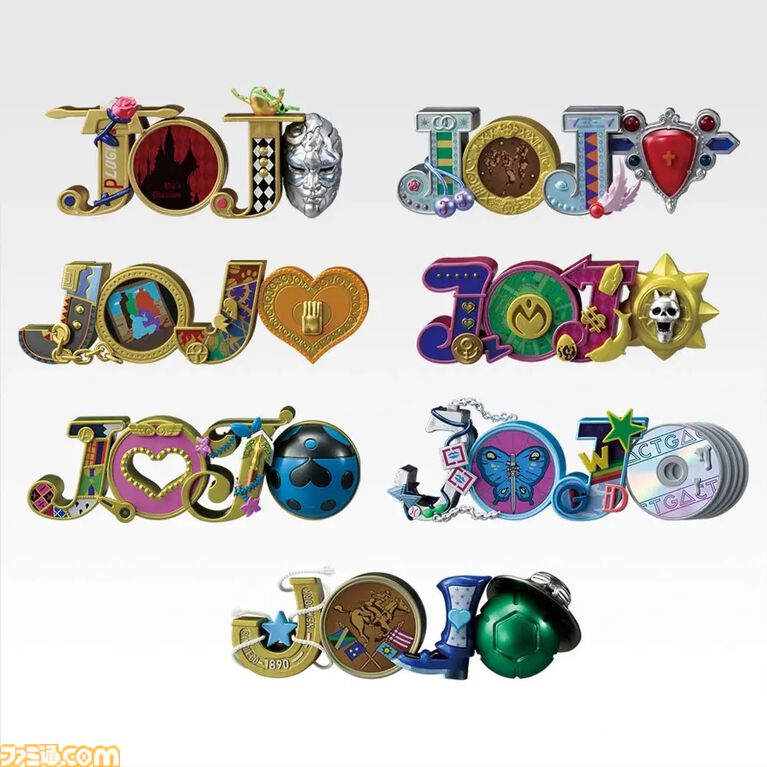 一番くじ『ジョジョ』が本日（4/18）発売。石仮面（1部）からてんとう虫（5部）、ディスク（6部）など「JOJO」のロゴがクールに再現したテキストフィギュアがかっこいい