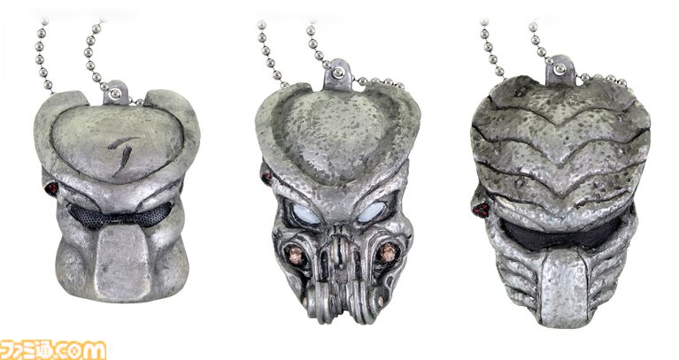 歴代プレデターのマスクのミニチュアマスコットガチャ。4月下旬から発売。1987年公開の1作目、『エイリアンVSプレデター』など11種類