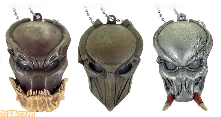 歴代プレデターのマスクのミニチュアマスコットガチャ。4月下旬から発売。1987年公開の1作目、『エイリアンVSプレデター』など11種類
