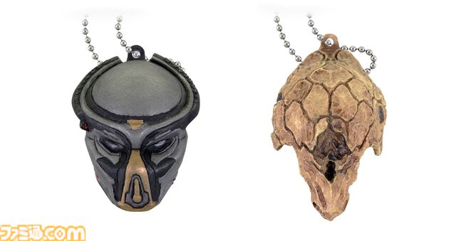 歴代プレデターのマスクのミニチュアマスコットガチャ。4月下旬から発売。1987年公開の1作目、『エイリアンVSプレデター』など11種類