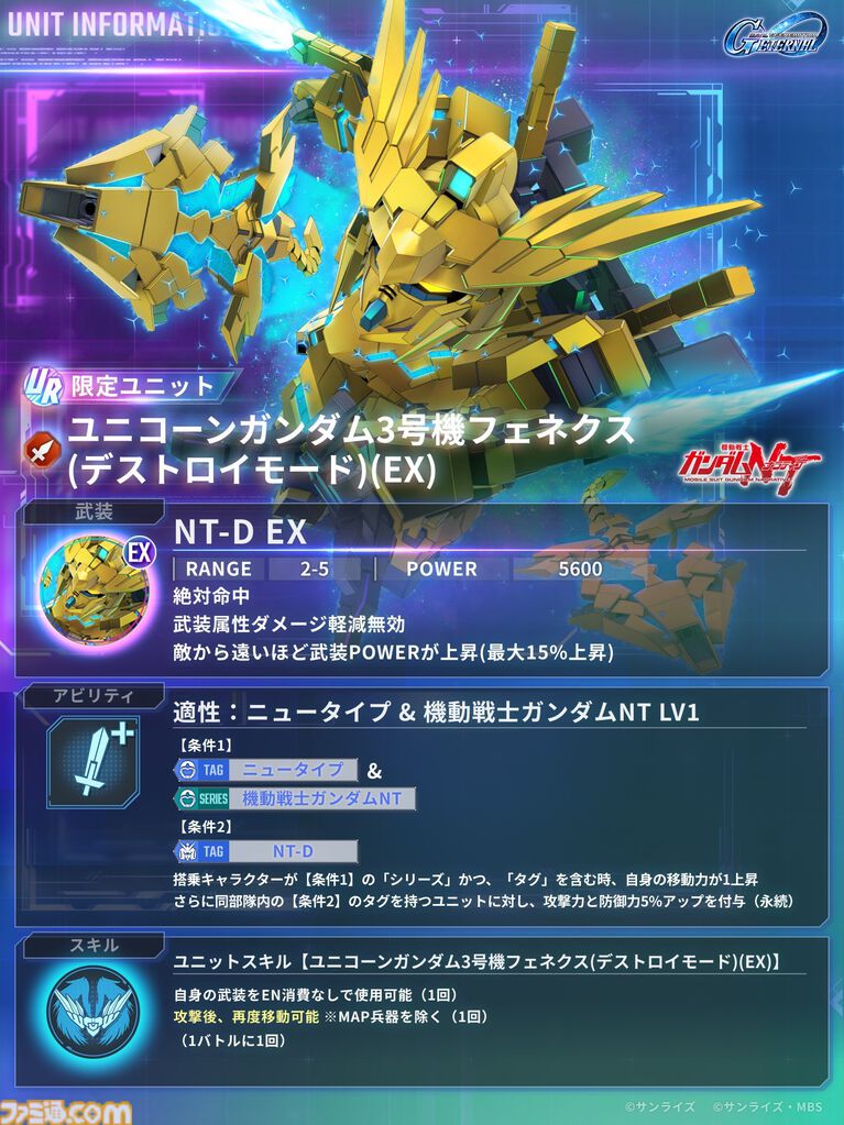 【Gジェネエターナル】限定URユニコーンガンダム3号機 フェネクス(デストロイモード)&ヨナが4/30にガシャで実装。URハルファスガンダム&アプロディアも登場
