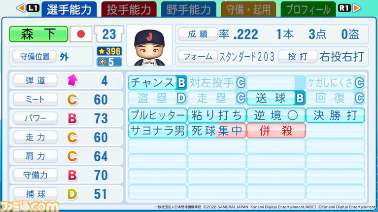 『パワプロ2026』WBCベスト8の代表選手能力値が初公開。アメリカ主将アーロンは威圧感持ちでパワーS。メキシコのアロサレーナ、侍J阪神の森下など