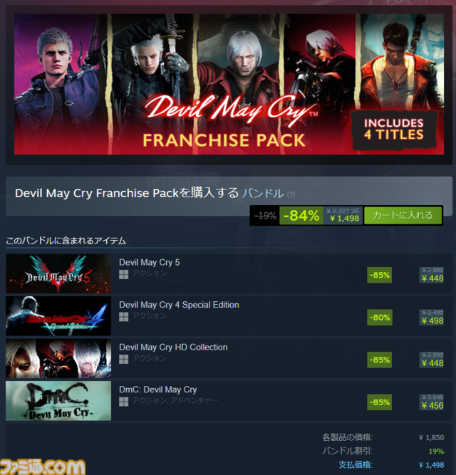 『デビル メイ クライ』シリーズ4作がSteamセールですべて500円以下。4作セットのバンドルはさらに割引で11516円が1498円に。悪魔も涙するほどの割引率